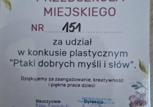 Podziękowanie dla Przedszkola Miejskiego nr 151 za udział w konkursie plastycznym ,,Ptaki dobrych myśli i słów".