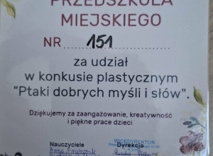 Wyróżnienie w konkursie plastycznym pt. "Ptaki dobrych myśli i słów" wychowanków grupy Zielonej