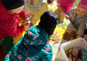 Grupa dzieci przykleja liście do sukni Pani Jesieni.