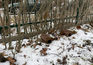 Drewniane domki dla małych zwierząt/gryzoni wśród gałęzi i śniegu.