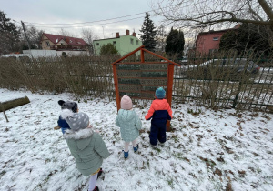 Dzieci szukają śladów zwierząt i owadów w ogrodzie przedszkolnym.