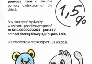 Ulotka przedstawiająca wyżej opisaną akcję z prośbą o przekazanie 1,5% podatku na rzecz Przedszkola Miejskiego nr 151 w Łodzi.