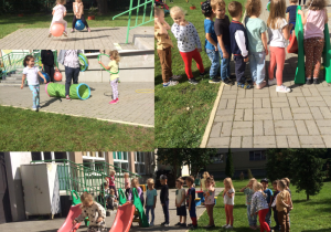 Dzieci biorą udział w zabawach sportowych w ogrodzie.