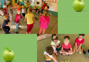 Dzieci biorą udział w zajęciach w tematyce jabłka.